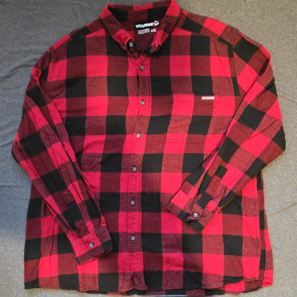 Wolverine Flannel Plaid Shirt Mens XXL Red Long Sleeve Button Down Rayon Blend